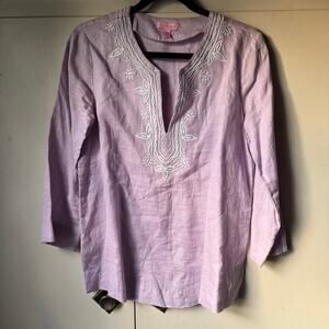 Lilly Pulitzer Amelia Island Linen Tunic Top Purple Embroidered 3/4 Sleeve Sz S